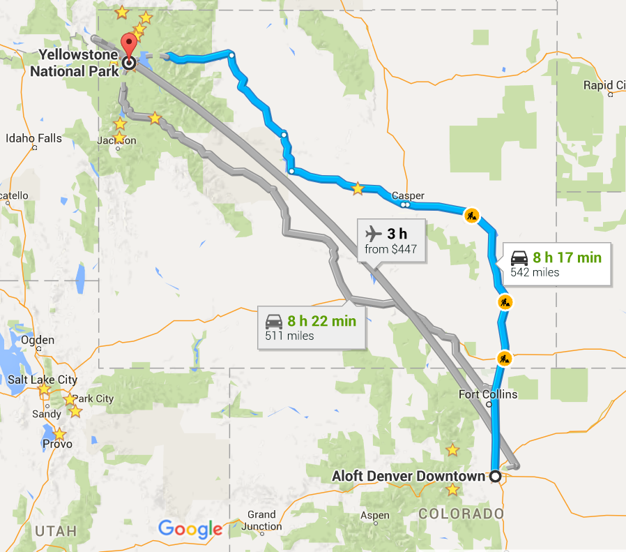 Google map route from Denver to Wyoming