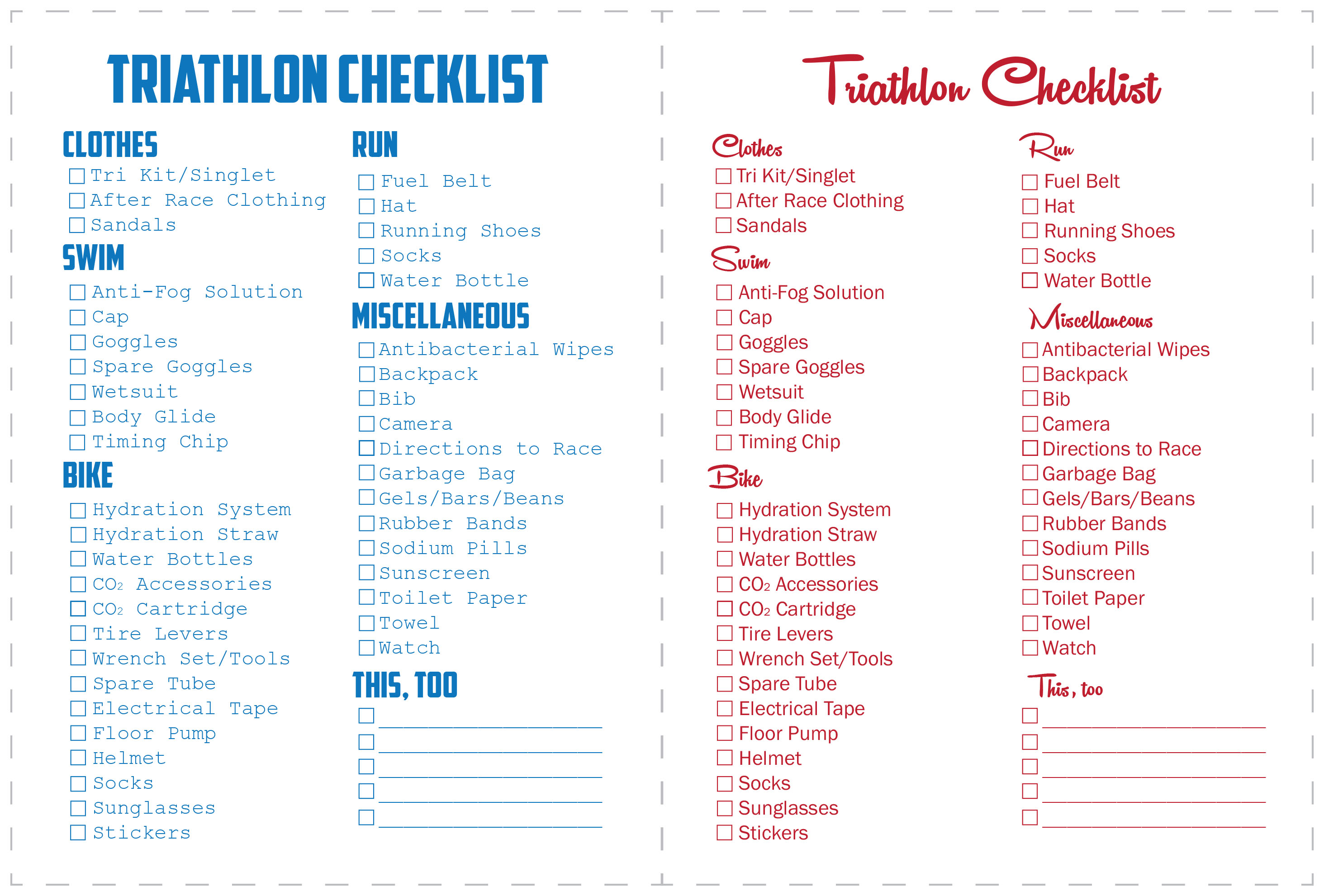 Printable His and Hers Triathlon Race Checklists