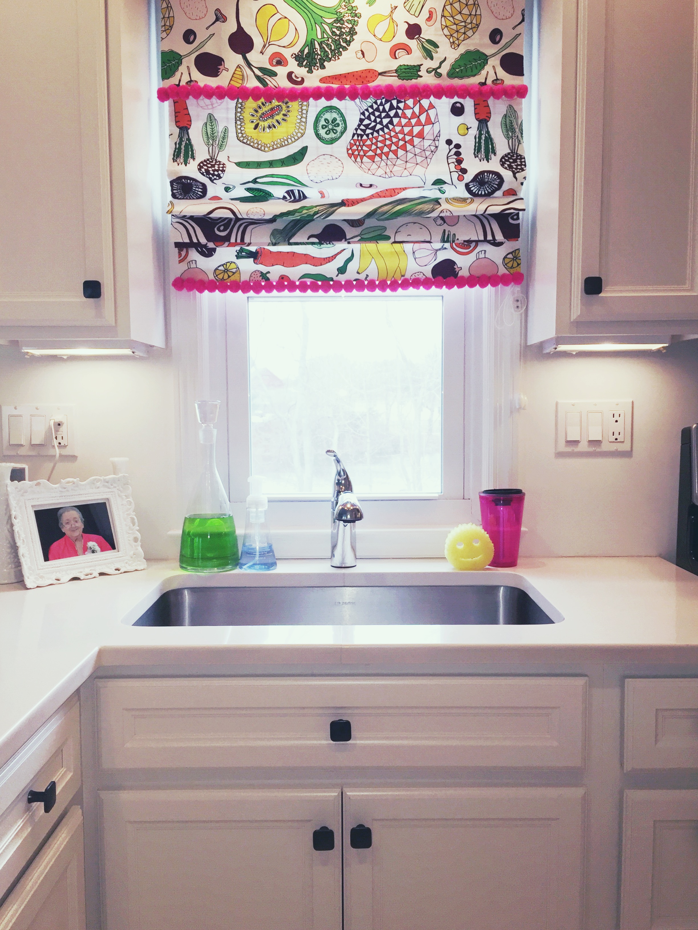 DIY roman shade in Tiny Kelsie's bright &amp; kitschy kitchen