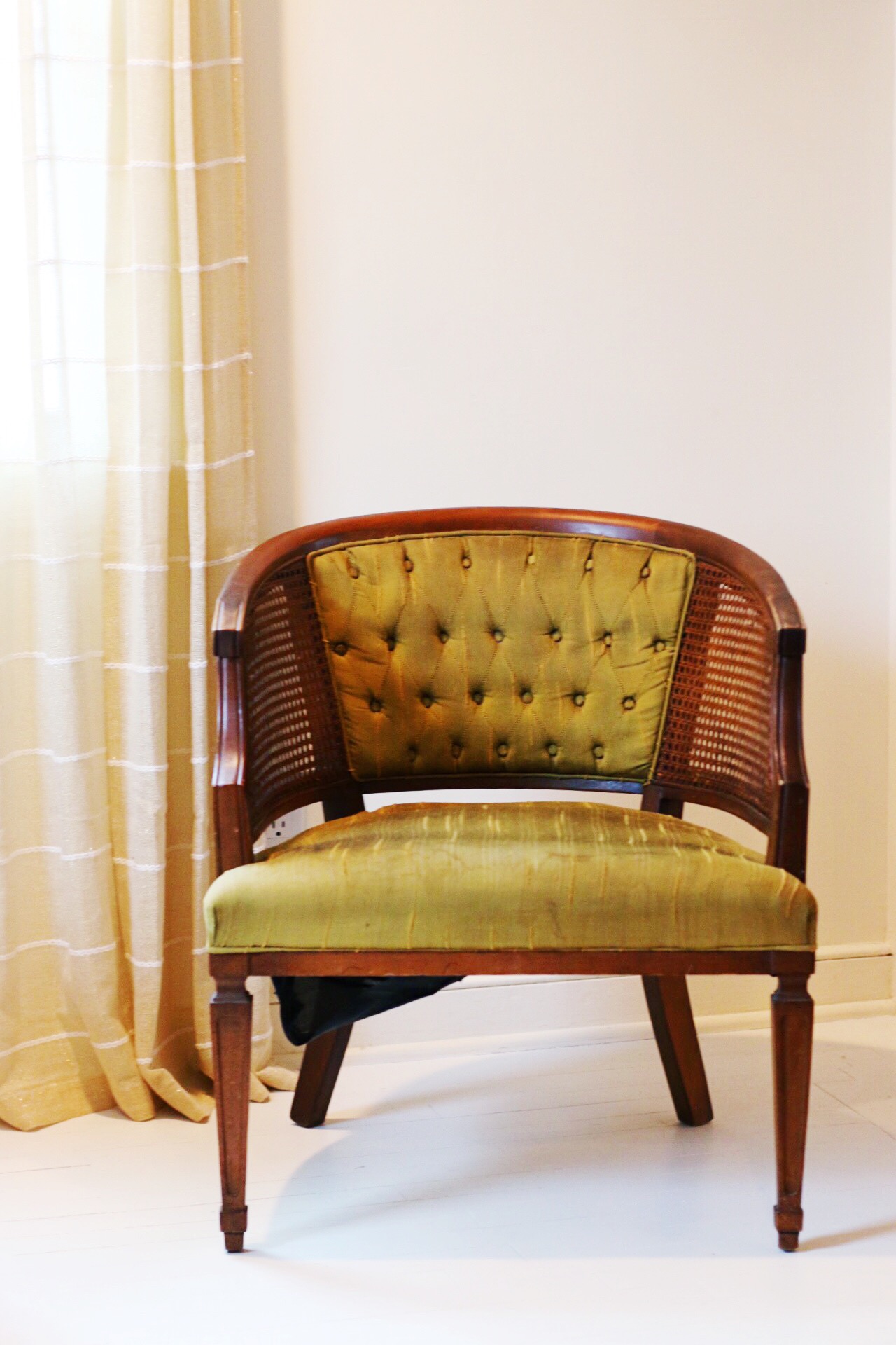 Stained upholstered chair to pe painted with acrylic textile medium