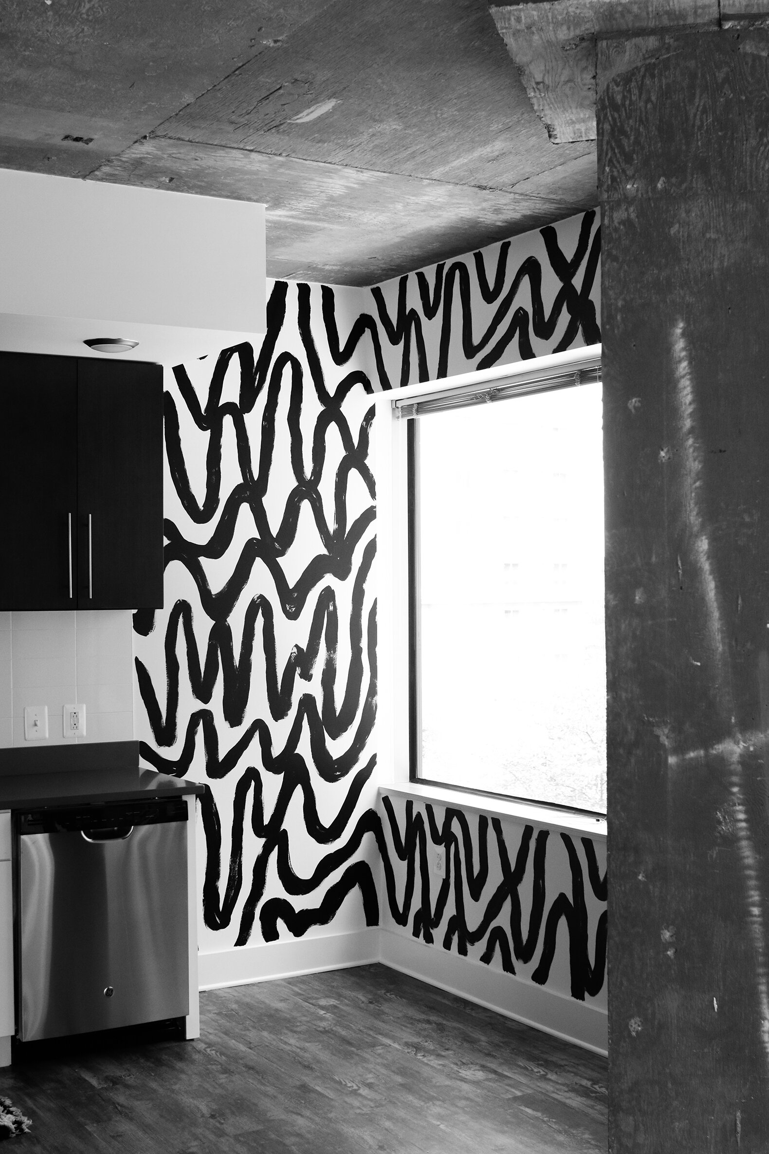 black and white brushstroke mural wall megbiram