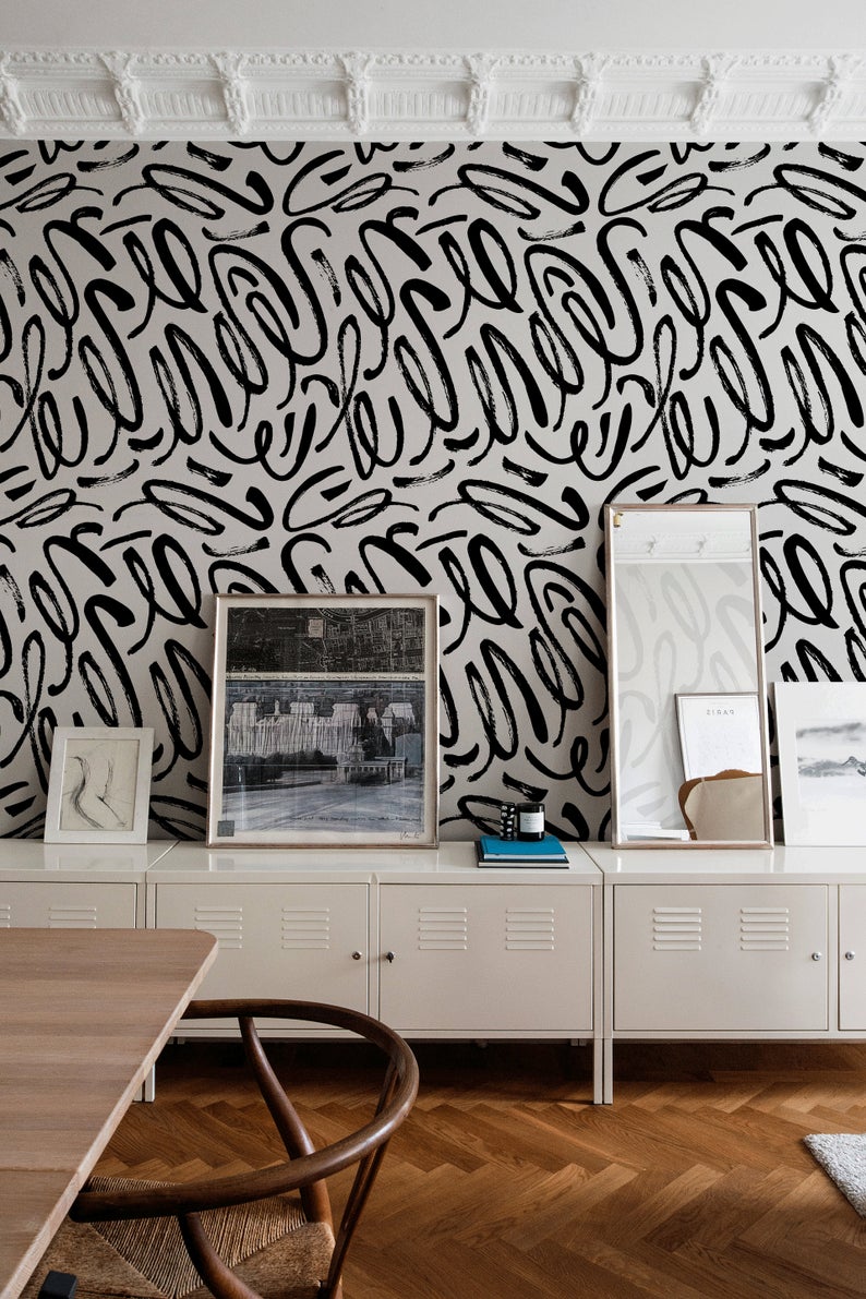 graphic black and white handpainted squiggle mural wallpaper