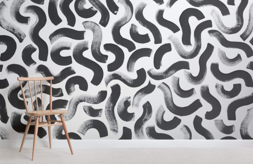 murals wallpaper black brushtroke white wall