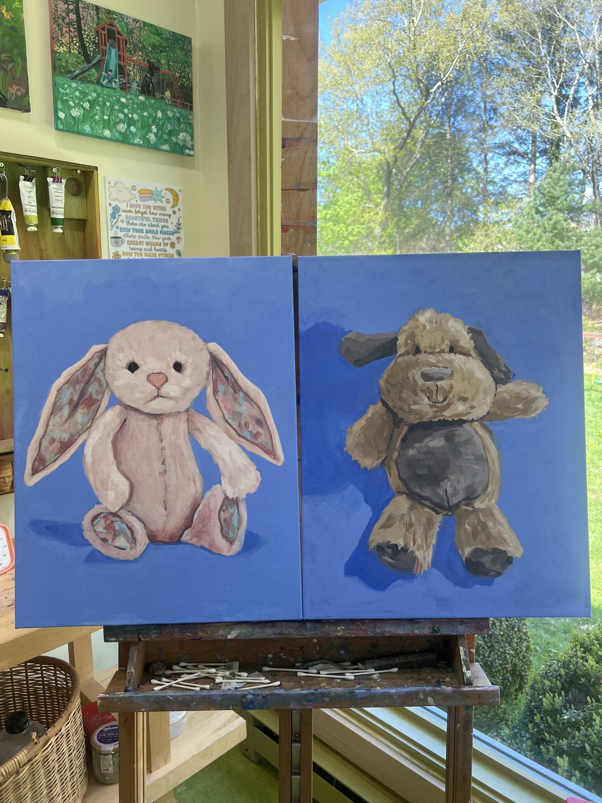 example of a commissioned acrylic portrait of kids stuffed animals